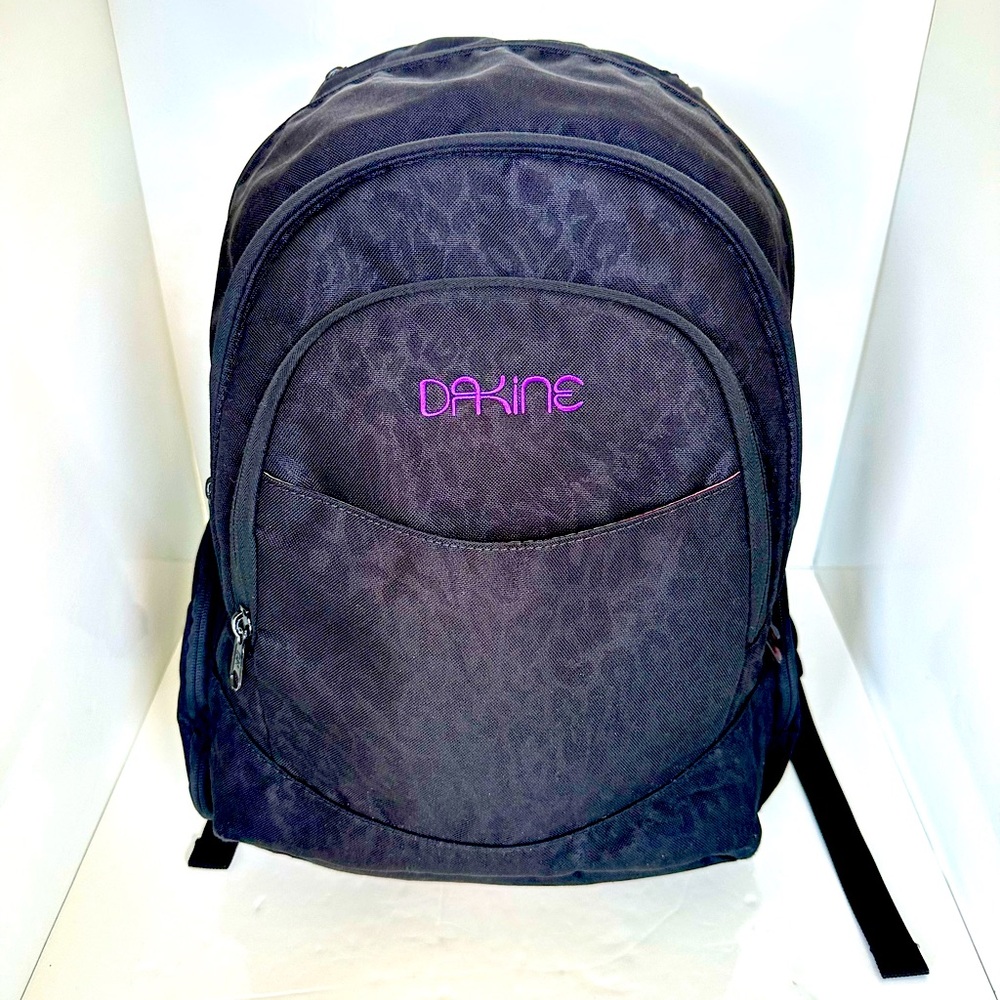 Dakine Charcoal Black Cheetah Backpack with Purple Logo & Detailing